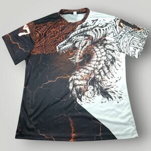 T7 T Shirt Mens L/XL Lightweight Fantasy Dragon Fire Graphic AOP Gothic Logo